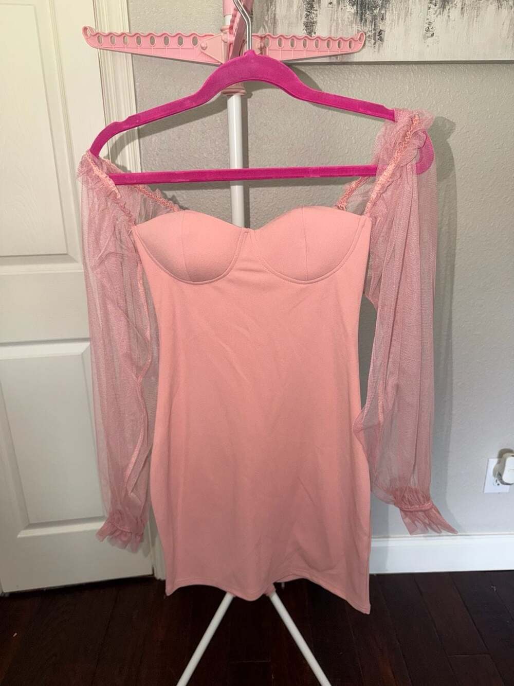 Pink Sheer Puff Sleeve Bustier Mini Dress